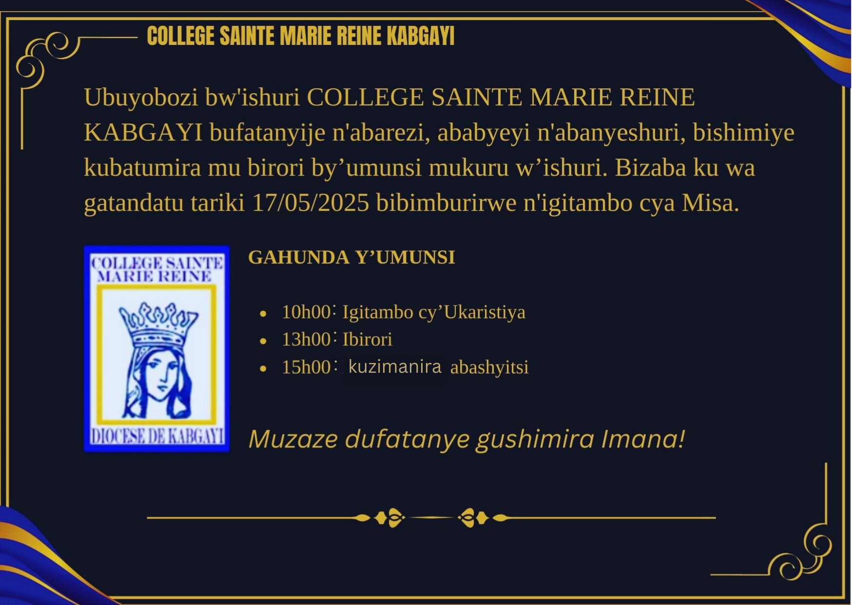 UMUNSI MUKURU WA COLLEGE ST MARIE REINE KABGAYI